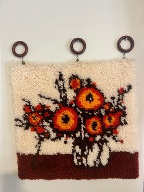 Cream and Orange Floral Shag Wall Hanging